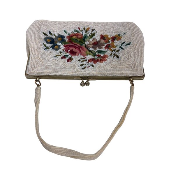 Vintage Floral Beaded Handbag Evening Bag White Pink Bridal Wedding Japan Made - Picture 4 of 11